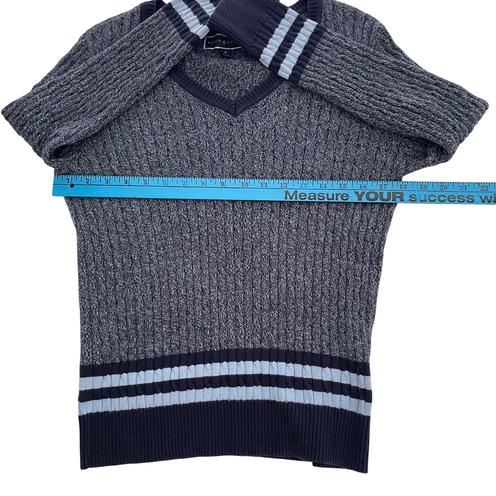 Karen Scott V-Neck Striped Cuff Sweater Blue Ribbed Knit Cotton Blend Top Size M - Picture 8 of 8